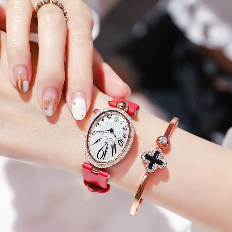 ساعة يد نسائية فاخرة من الجلد الأزرق البيضاوي مقاومة للماء ساعة يد كوارتز رائعة للفتيات ساعة يد كلاسيكية من أفضل العلامات التجارية للسيدات