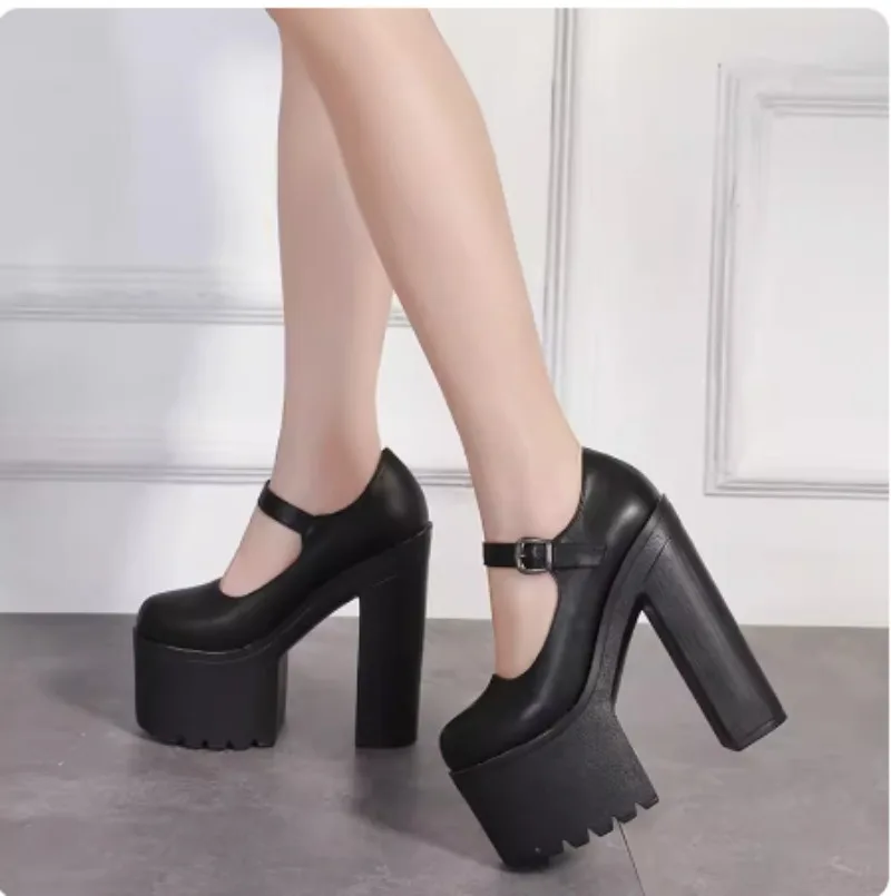 Round Toe Woman Pumps Chunky Block High Heel Punk Rock Goth Pumps Solid Color Ankle Strap Platform Thick Heel Footwear