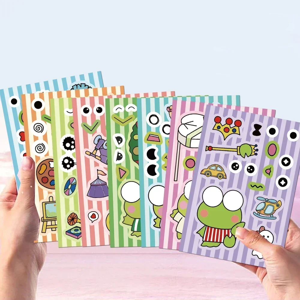 8/16 hojas de pegatinas de rompecabezas Kero Keroppi, diversión para niños, juguete de animales DIY, pegatina de rana de dibujos animados para montar en la cara ﻿