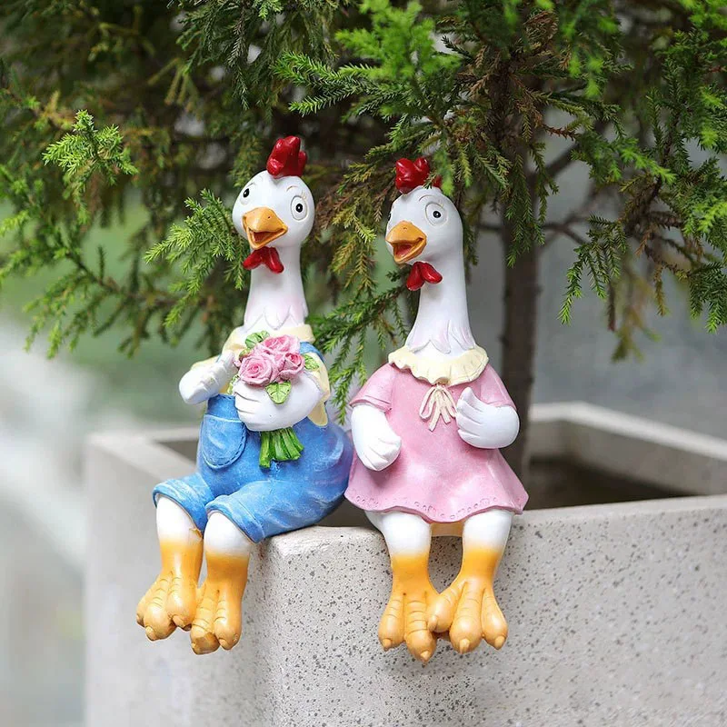 

Garden Statues Cartoon Resin Cute Sitting Chicken Sculpture Goose Lovers Figurine Gift Decorations for Yard Home Patio