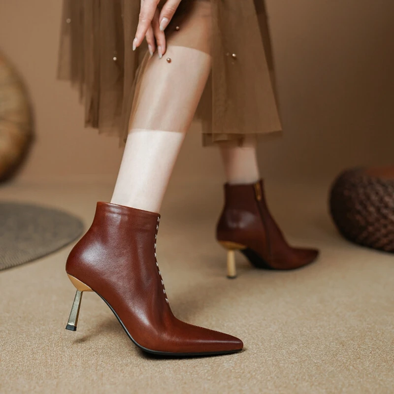 NEW Autumn Women Boots Pointed Toe Thin Heel Boots Genuine Leather Shoes for Women Elegent Zipper Ankle Boots Solid Winter Boots