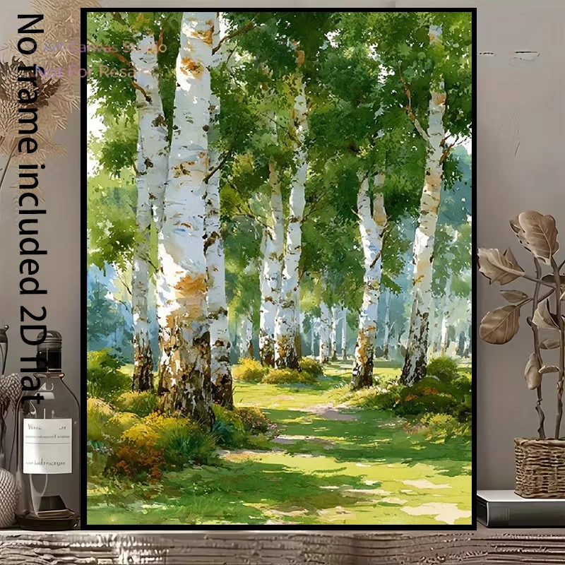 2D Flat, 1pc Vertical Birch Tree Canvas - Summer Forest Path Painting Suitable for /, Minimalist Birch Bark Tree Decor for Be