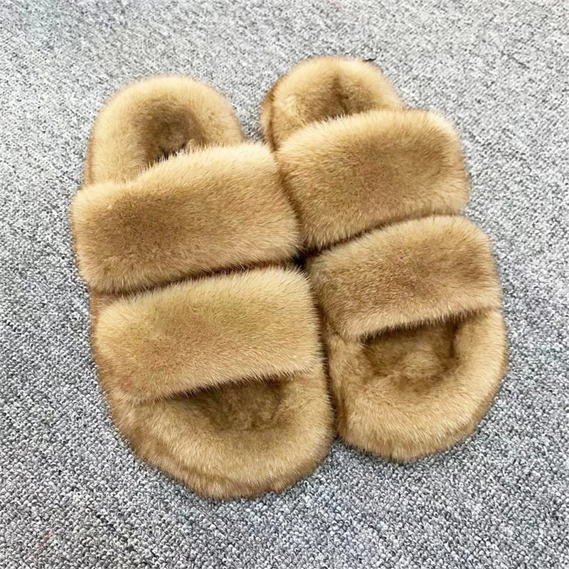 2023 New Women\'s Fur Slippers Autumn And Winter Designer Premium Mink Fur Slippers 5cm Thick Soled Casual Flat Outdoor Fur Shoes