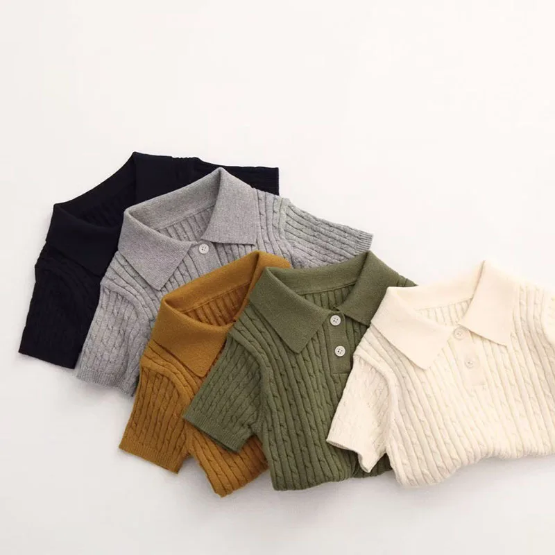 Kids Knit Polo Shirt 1-6Y Solid Color Thin Girls Knitwear 5 Colors Boys T-shirt Ventilate Comfortable Children Clothes