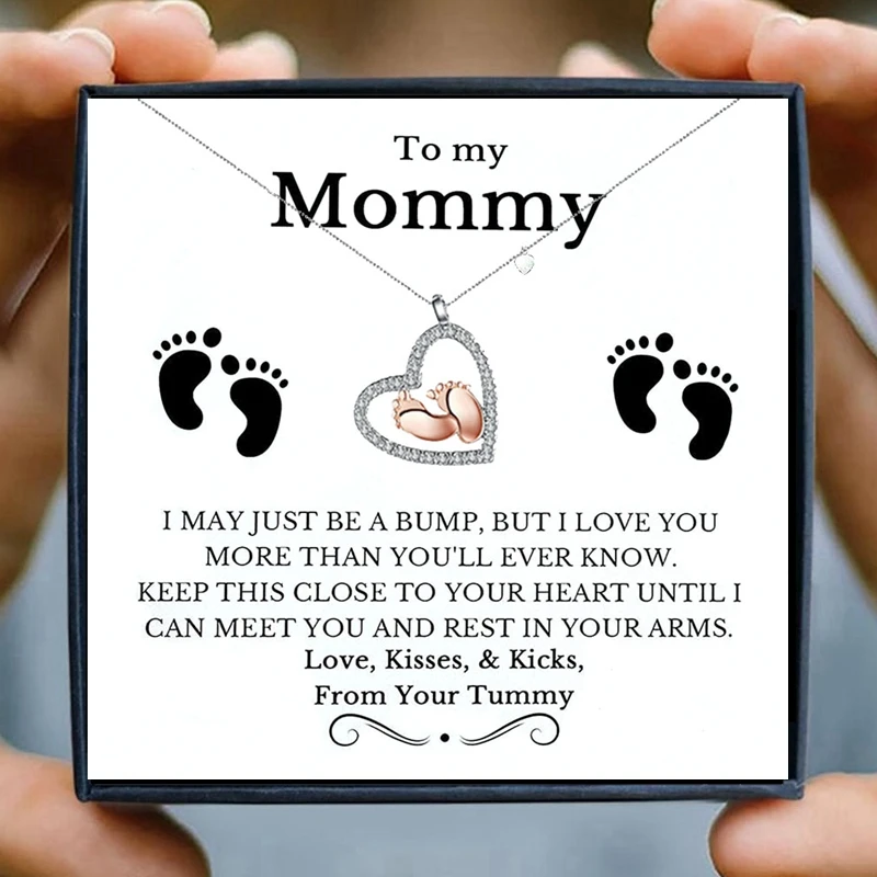 Mommy Necklace for Women Baby Foot Pendant Necklace Mom Daughter Rose Gold Heart Necklaces Mothers Day Gifts Birthday Jewelry