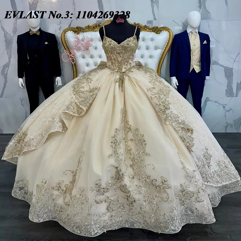 

EVLAST Customized Light Champagne Sparkly Quinceanera Dress Appliques Lace Beaded Ball Gown Golden Sequins Sweet 16 Dress E3Q155