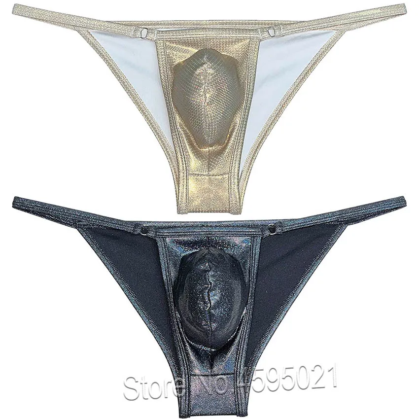 Sexy Men's Shiny Leather Open Side Underwear Cheeky Brief Metallic Luster 1/3 Hip Pouch Lingerie