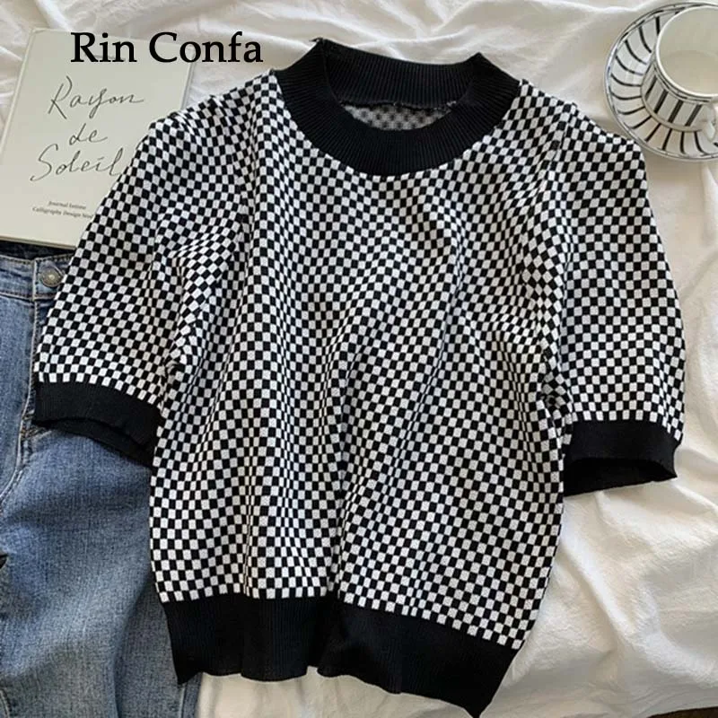 

Rin Confa Women Korean Chic Simplicity Knitted T-Shirts Summer O-Neck Puff Sleeve Loose Short Tops All-Match Thin Plaid Top