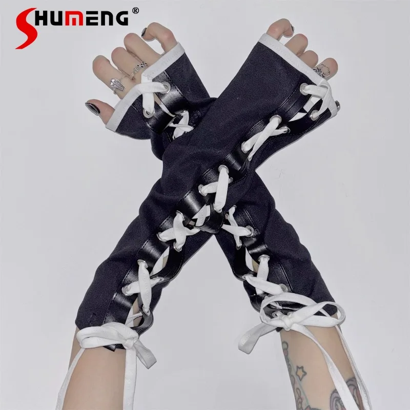 Japanese Y2K Soft Girl Subculture Cross Tether Harajuku Oversleeve Show Tide Gloves Personality Dance Half Finger Sleeves Ladies
