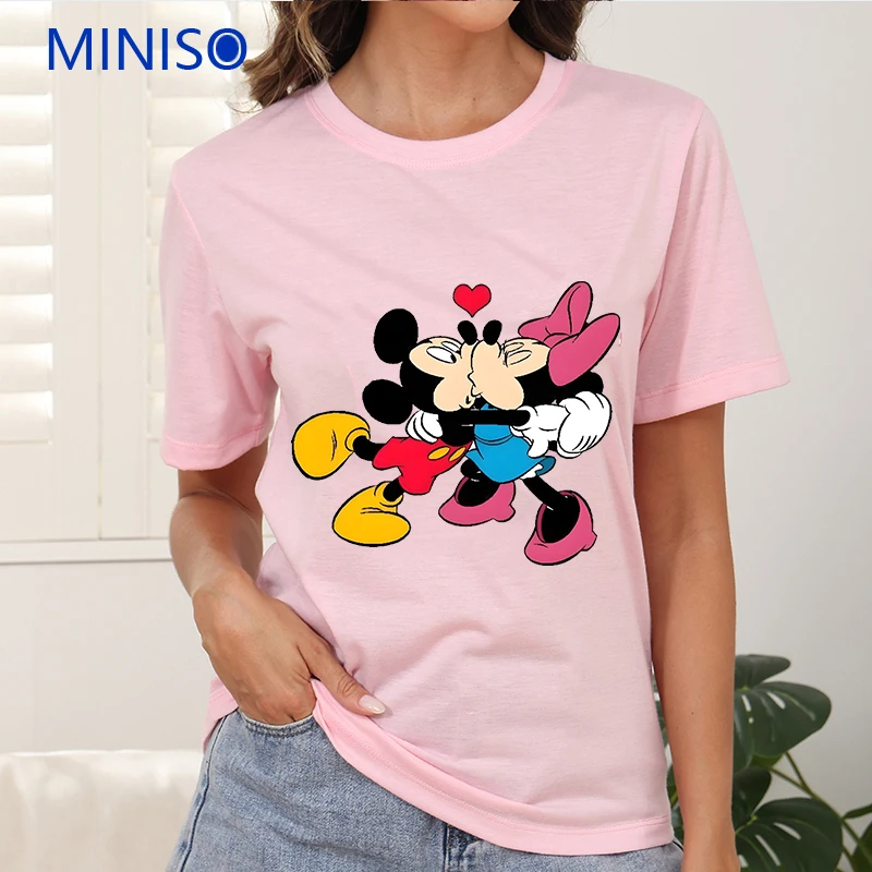 

Fashion Clothes Trends Custom Disney Mickey Minnie Printed Cotton Loose Top Ladies Plus Size Woman Clothing Black t-Shirt Women
