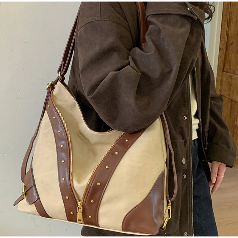 Vintage-Rucksack, Damen-Tragetasche, Retro-Spleiß-Hobo-Umhängetasche, lässige Alltags-Einkaufstasche mit Nieten-Dekor – Detail 17