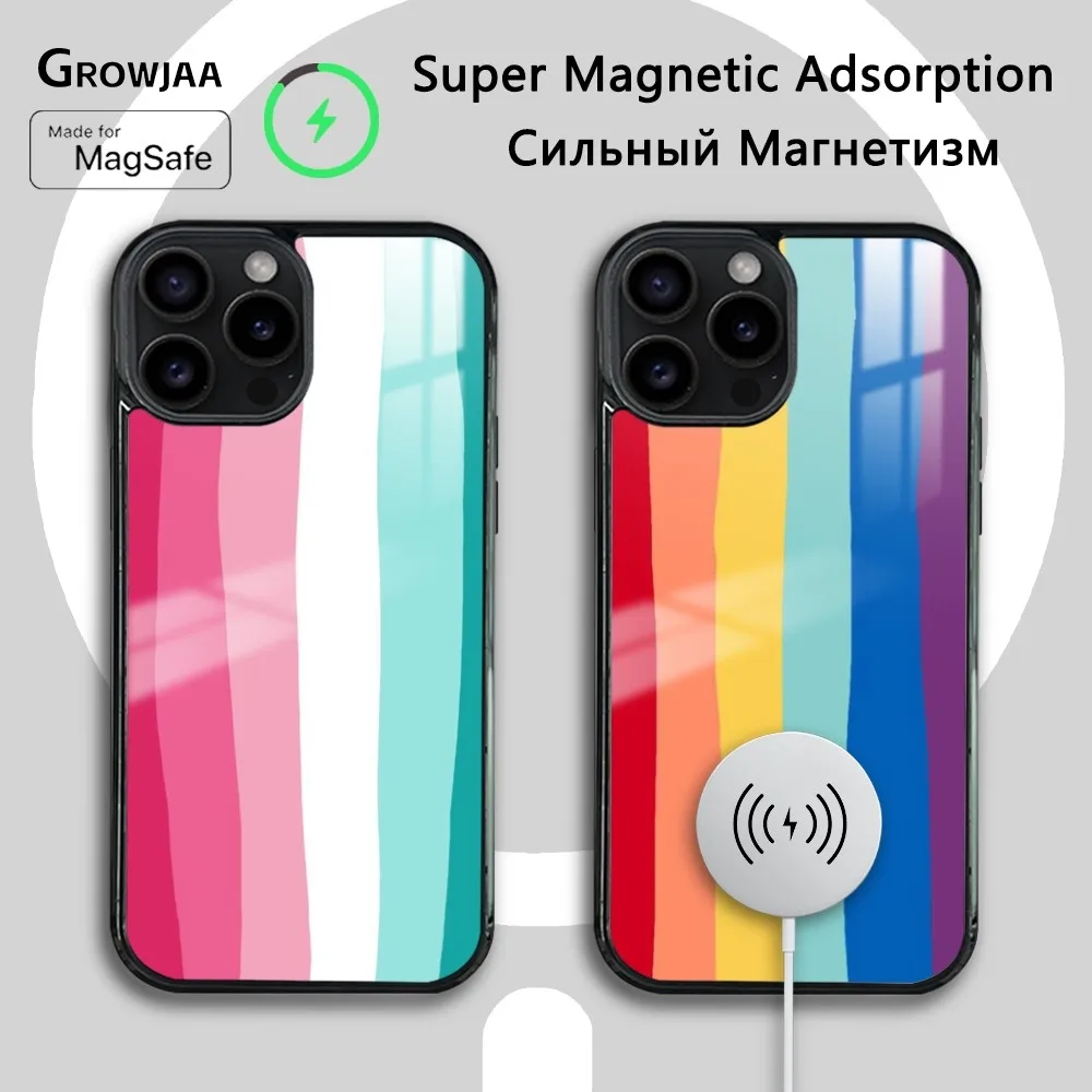 

Cartoon Rainbow Lines Phone Case For iPhone 16 15 14 13 12 11 Pro Max Plus Mini Magsafe Mirror Wireless Magnetic Cover