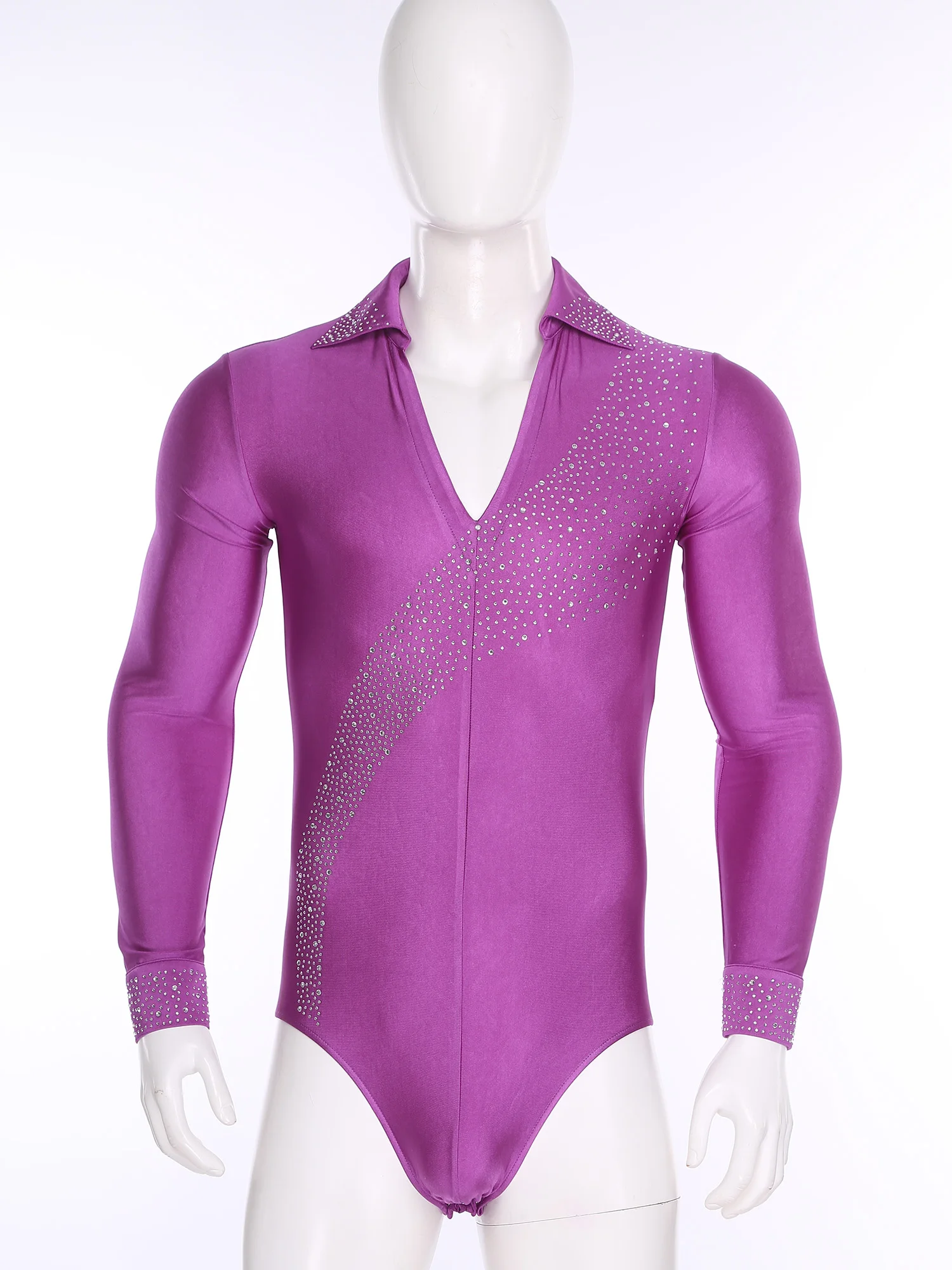Tuta da ballo latino da tango da uomo Pattinaggio di figura Balletto Ginnastica Costume da performance Body a maniche lunghe con strass lucidi