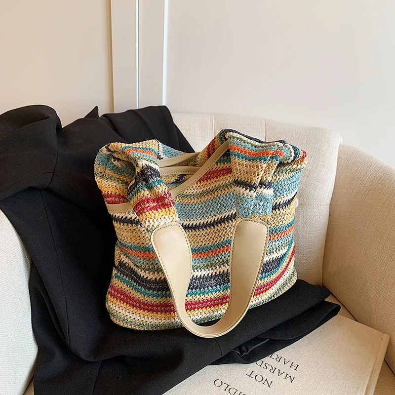 Shoulder Bag Hundred Casual Tote Woven Bag Collision Color Large Capacity Summer Tote Bag for Female Seaside Beach 2024