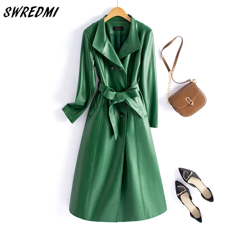 Long Jackets Spring Leather Trench Women Belt Fashion Long Coat High Quality M-7XL Faux Leather Clothing Outwear Suede SWREDMI