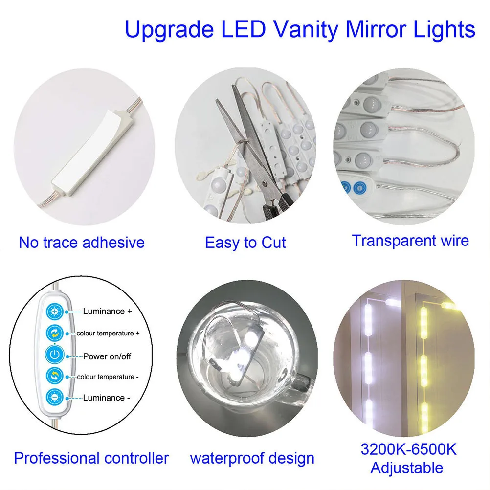 

1Set LED Vanity Mirror Lights Strip Lighting Makeup Light Reusable Easy Install Bathroom Mirror Professional Make Up Lighting
