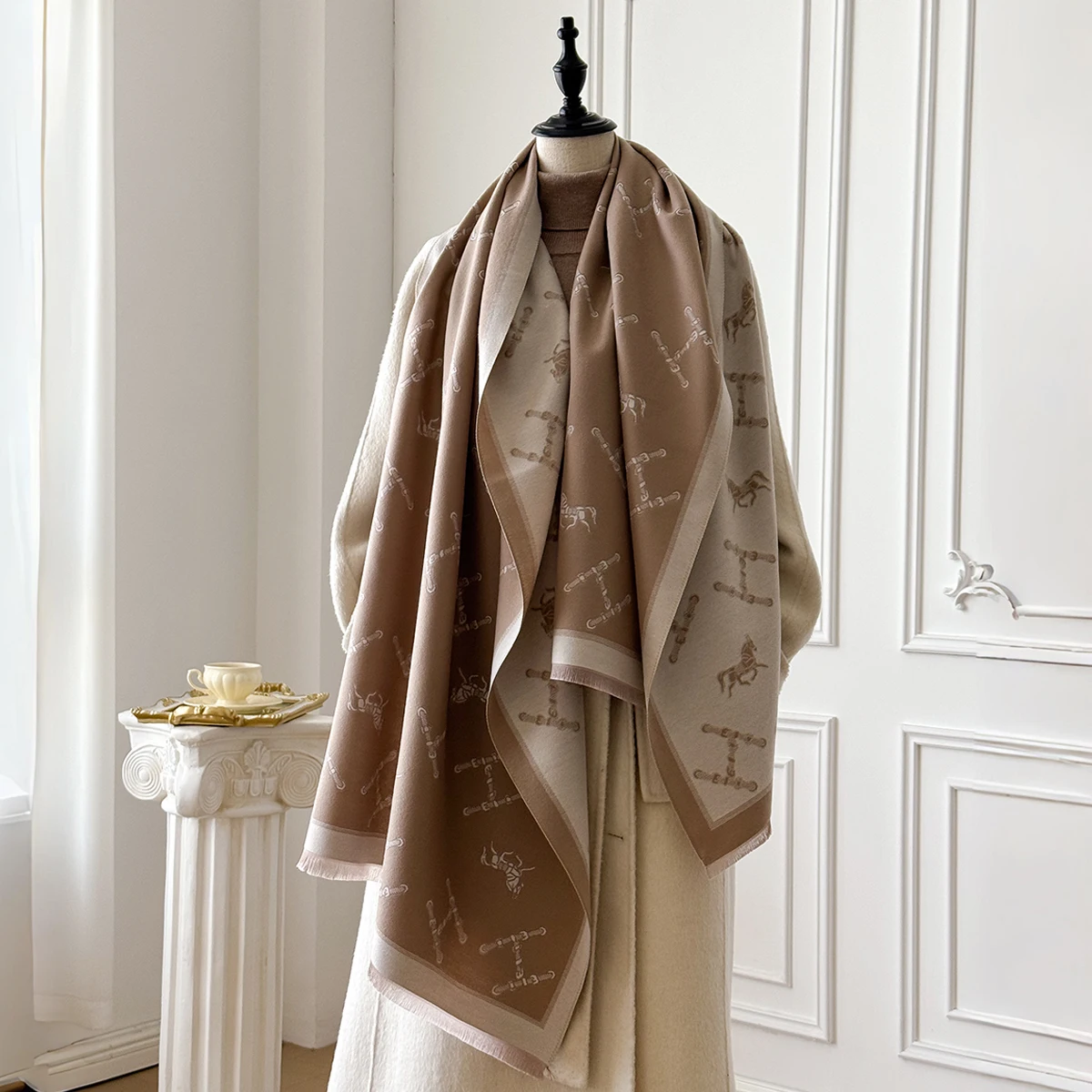 شال شتوي كشمير نسائي على الموضة من العلامة التجارية - لوحة زيتية كلاسيكية مطبوعة بالزهور على طراز الباشمينا غلاف سميك ومعطف #4