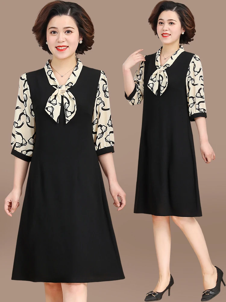 

Модное летнее платье для женщин среднего возраста: шифоновая юбка, элегантное корейское платье свободного кроя с V-образным вырезом, миди-платье