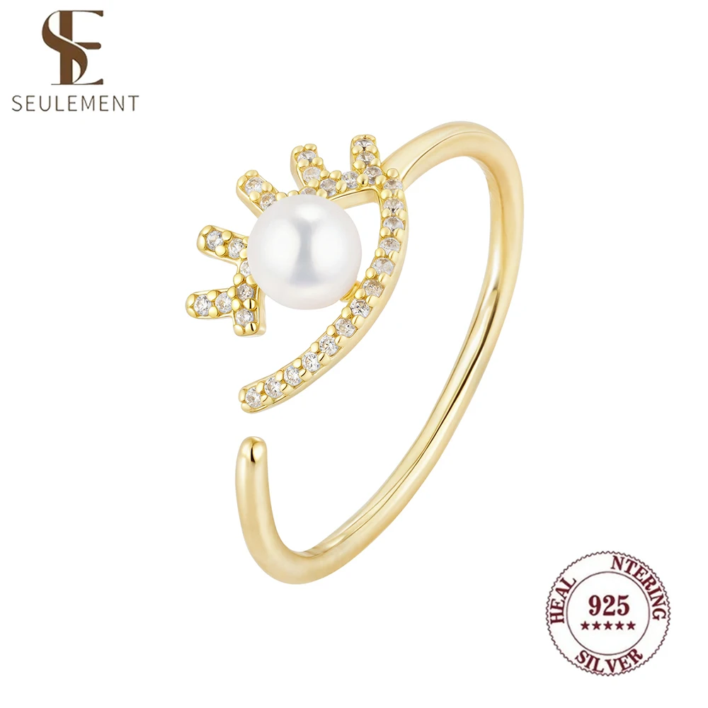 خاتم Seulement 925 من الفضة الإسترليني لؤلؤ المياه العذبة الطبيعية مع الزركون تصميم مفتوح قابل للتعديل مجوهرات الأزياء النسائية الأنيقة