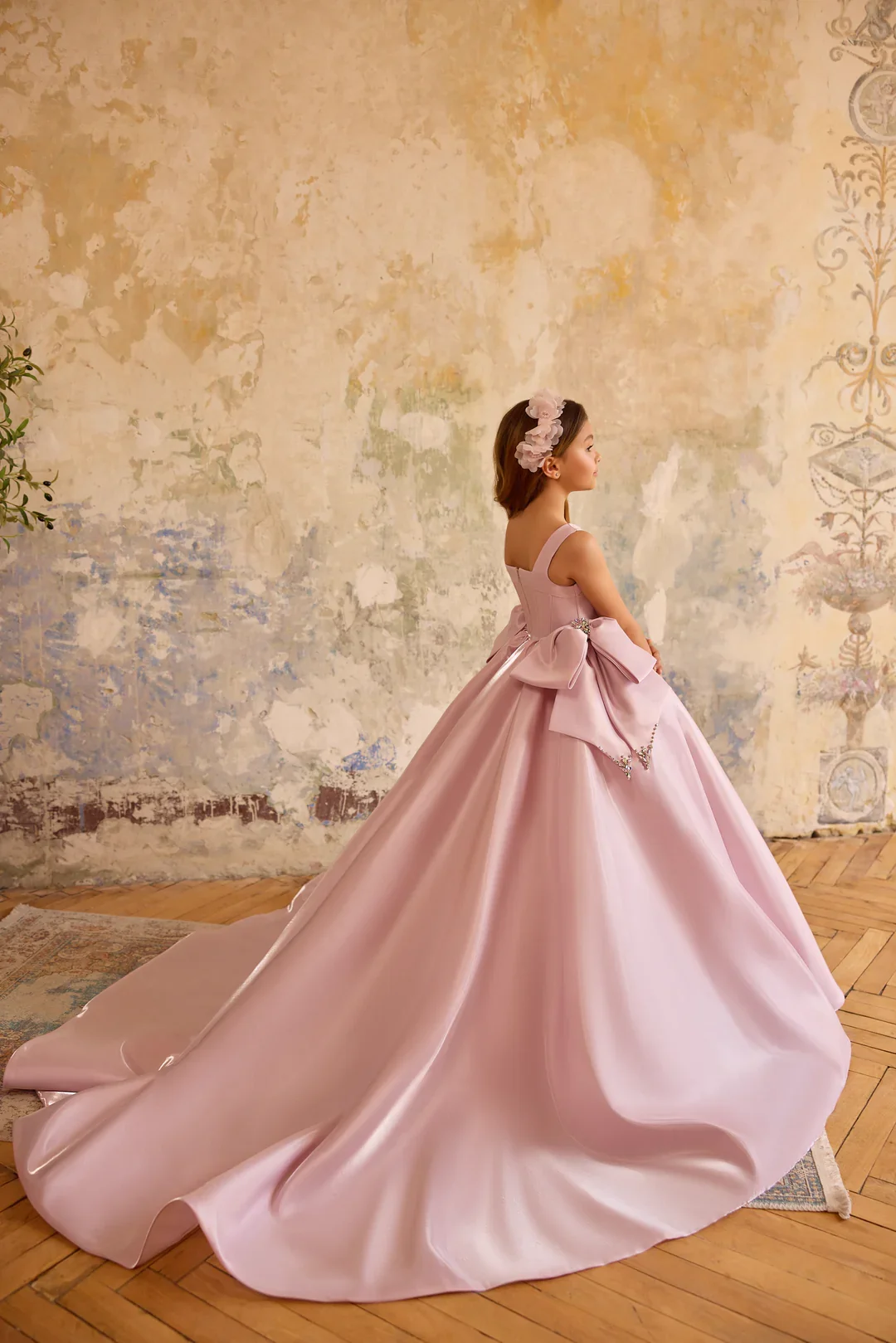 Elegant Pink Satin Girls Dress, Square Neck A-Line Ball Gown, Waist Butterfly Trail Flower Girl Dress, Wedding, Communion Party