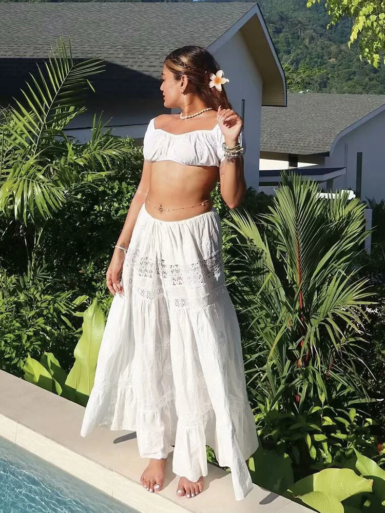 レーススカートセットドレス夏の女性のビーチホリデーセクシーな綿マッチングセット衣装春白 2 個 Vestidos 女性セット 2025