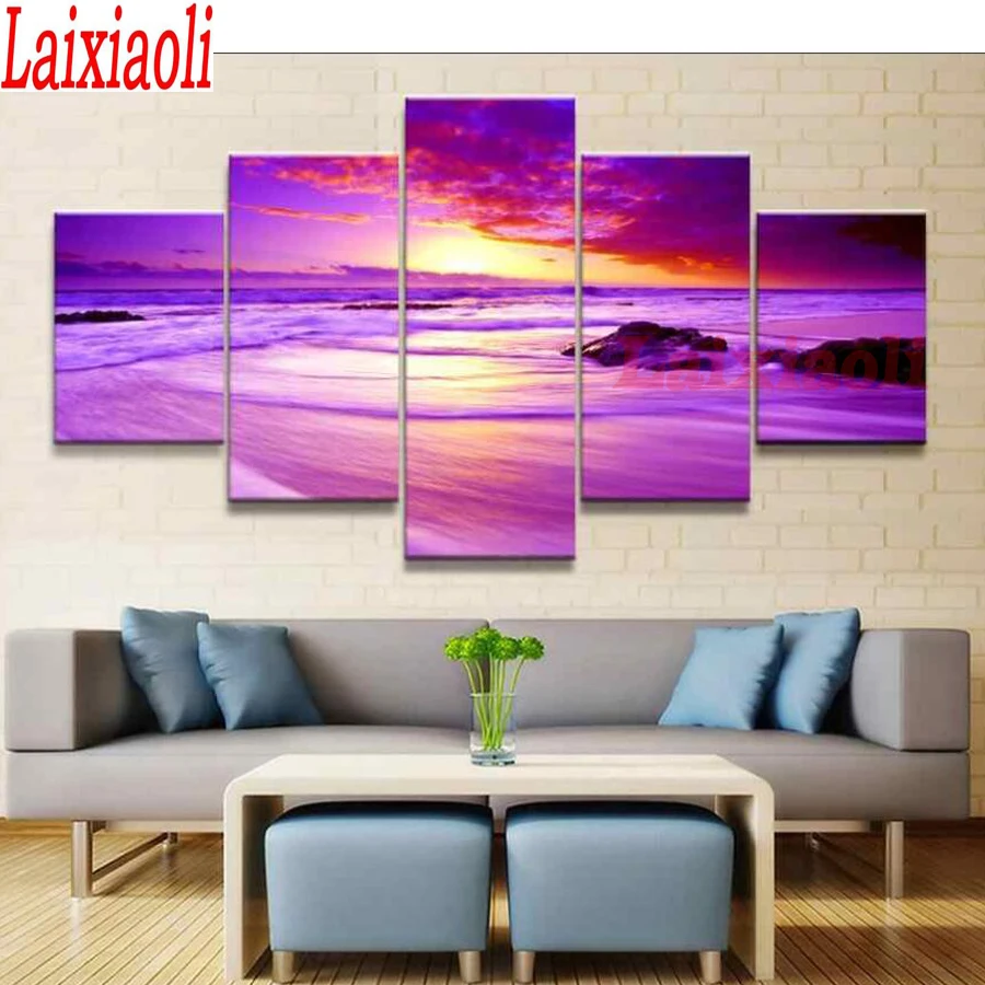 viola mare tramonto paesaggio pittura diamante 5d mosaico completo 5 pezzi diamante ricamo pieno quadrato/rotondo trapano vista romantica decor