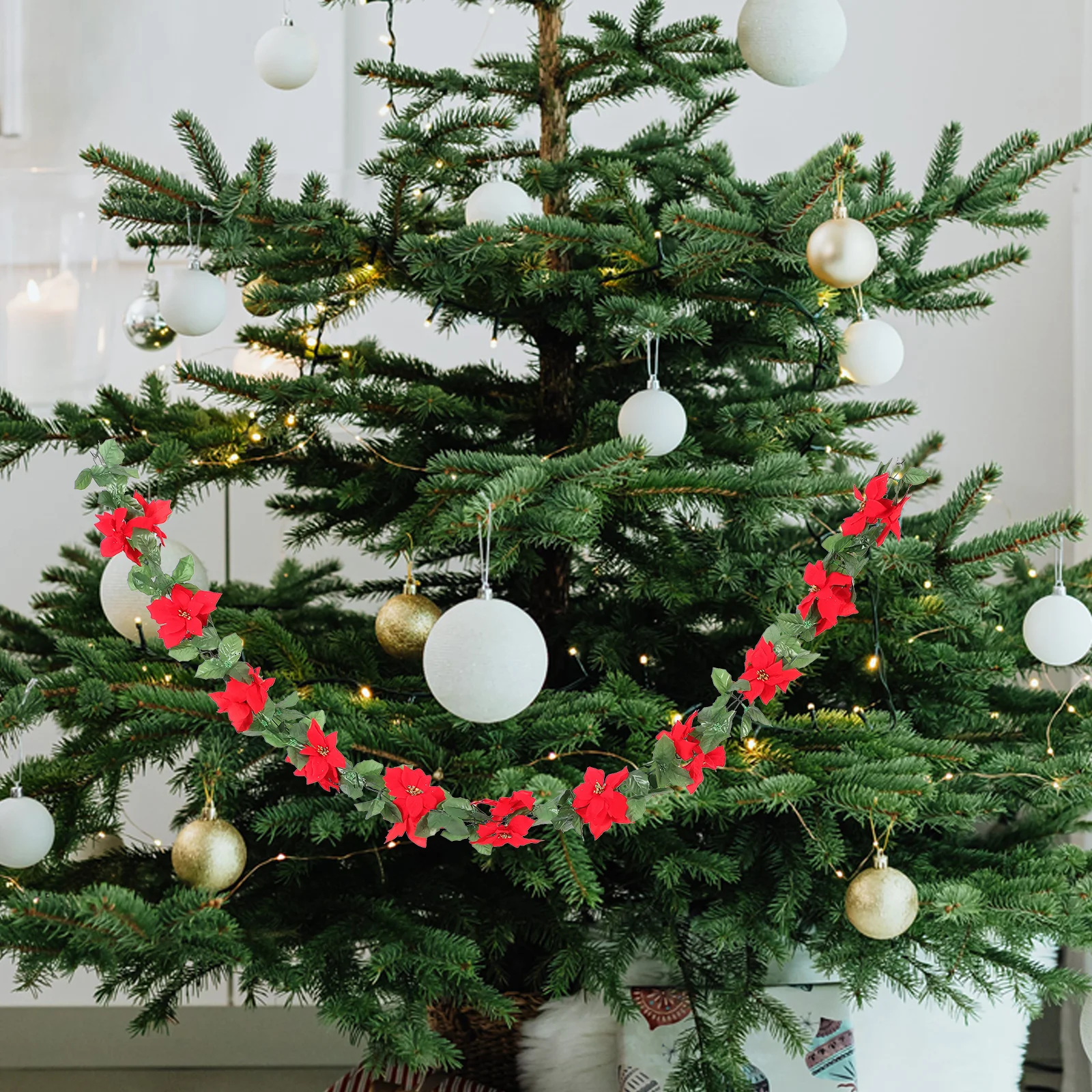 

170CM Plastic Poinsettia Garland Red Flower Green Leaves Rattan Decor Long Lasting Non Deform DIY Xmas Tree Mantelpiece Stair