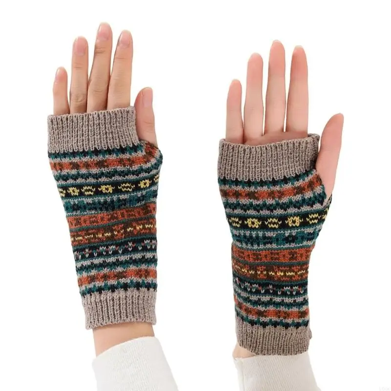 Long Wrist Fingerless Gloves in Patterned Acrylic Yarn, Cold Weather Hand Warmer for Adults Using Phones and Keyboards Typing