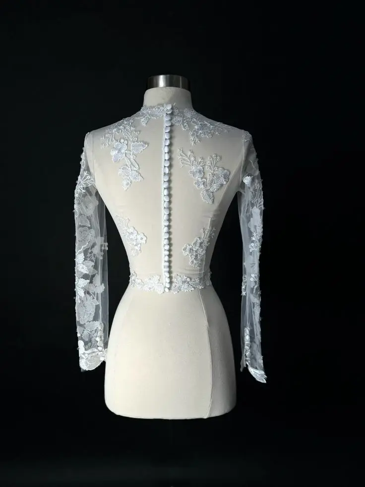 Lace Appliques Wedding Boleros Long Sleeves Bride Jacket V Neckline Formal Party Bridal Shrugs Women Capes Wraps image 3