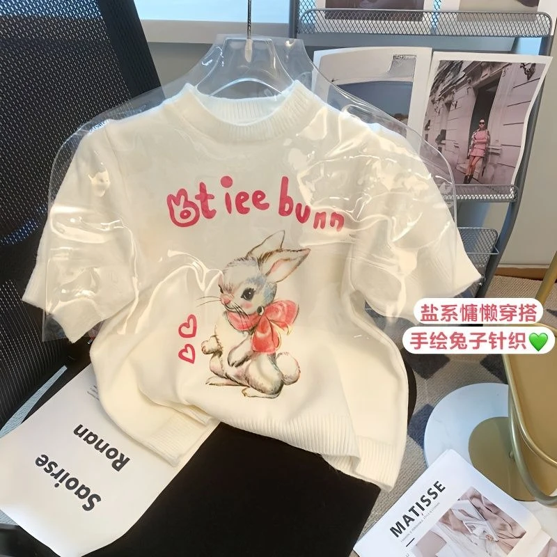 

Korejpaa Elegant White Top 2025 Early Autumn Rabbit Cartoon Printed Short Sleeve Knitted Pull Femme Korean Fashion Pullover