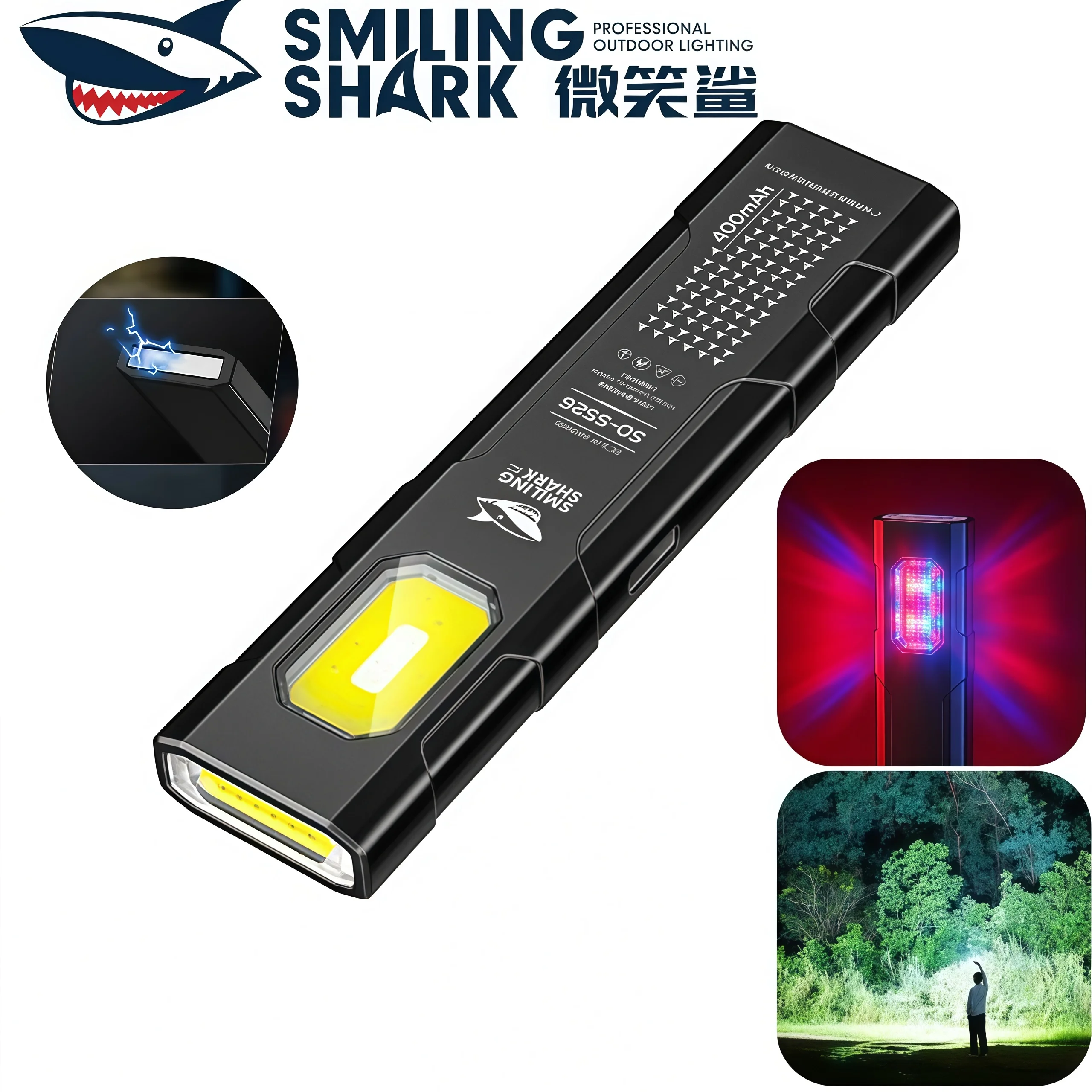 SMILING SHARK Torchlight  COB Flashlight  Pen Light 5Mode Red Blue Flash Warning Light With Clip Type c Rechargeable SD5526