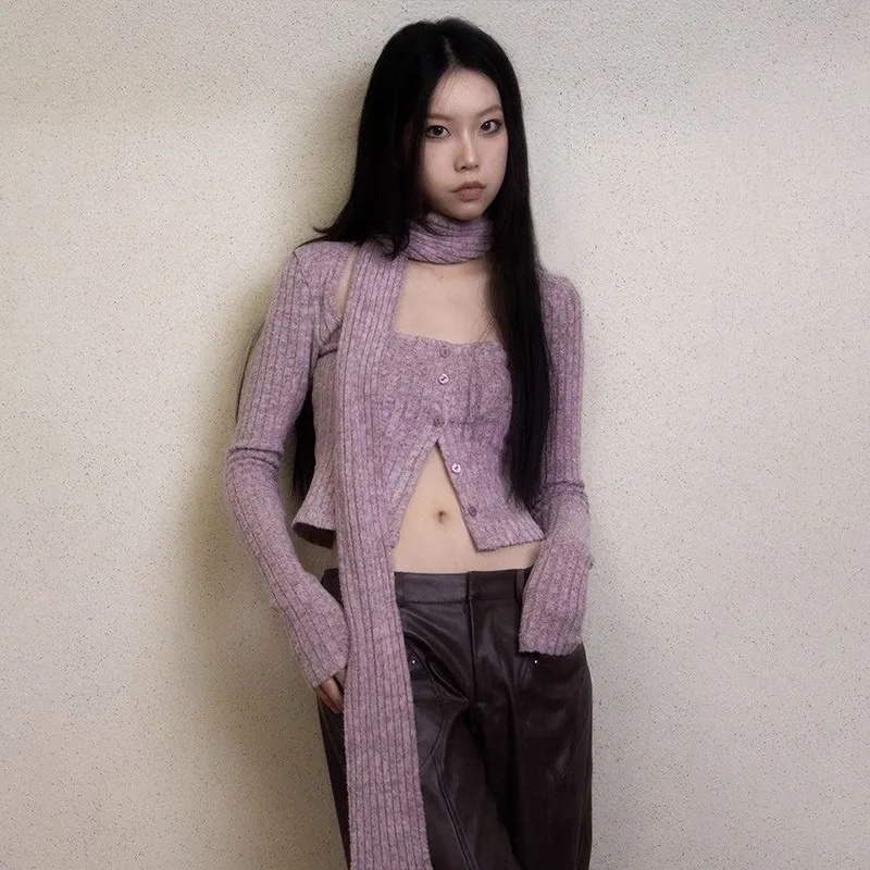 Karrram Japanese Y2k Short Cardigan With Scarf Korean Fashion Purple Knitwears Vintage Square Collar Crop Cardigans Aesthetics