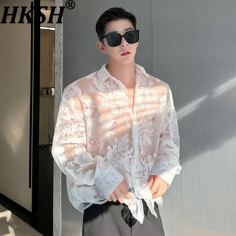 

HKSH 2026 Летняя Новая Мужская Модная Корейская Рубашка с Длинным Рукавом, Нишевая Шикарная Прозрачная Блузка-Рубашка в Стиле Ins, Защита от Солнца HK22193