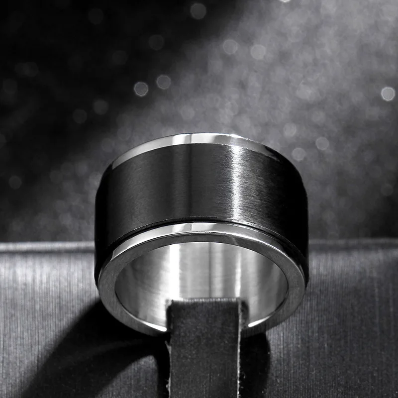 Ultra Wide Spinner Ring for Men Anti-Stress Anxiety Fidget Rotating Rings Black Silver Color Stainless Steel Spinning Ring
