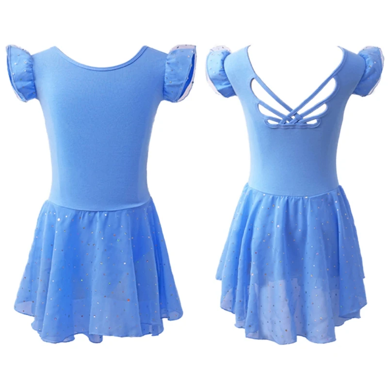 Kids Girls Flying Sleeve Ballet Dress Children Gymnastics Leotards Sequin Mesh Dancewear