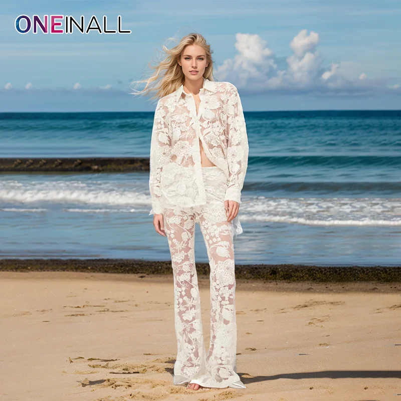 ONEINALL Casual Two Piece Outfit For Women Lapel Long Sleeve Blazer High Waist Splice Appliques Skinny Pants Set Female Summer