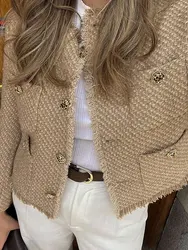 HH New Autumn Fashion Women Short Jacket Camel Tweed Long Sleeve Button Frayed Cropped Tops Elegant Y2k Vintage Chic Coats