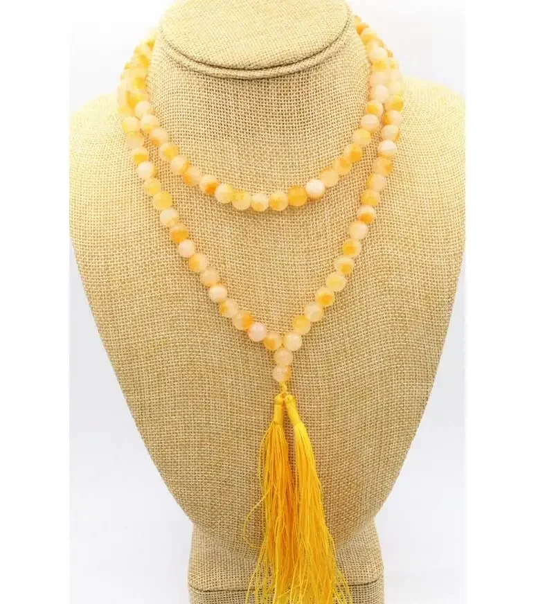 

New 6mm Tibet Buddhism 108 Yellow Jade Prayer Bead Mala Necklace