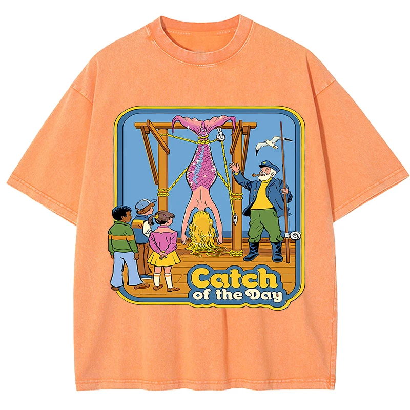 Catch Of The Day Print Washed T-Shirts Damen Weiches, atmungsaktives T-Shirt Trendy T-Shirt Tops O-Ausschnitt Lose Baumwolle Unisex Kurzarm