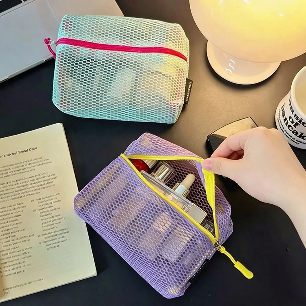 Candy Color Nylon Mesh Cosmetic Bag Mesh Zipper Closure Toiletry Organizer Bag Portable Travel Sundries Bag For Travel