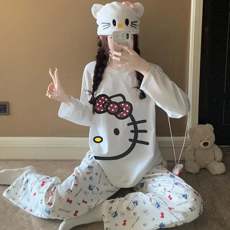 

2Pcs Hello Kitty Pajamas Suit Short Sleeved Pants Homewear Set Women Cotton Nightgown Anime Cartoon Girls Homewear Set Gift