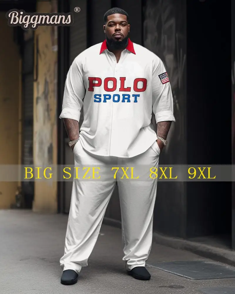 Biggmans （L-9XL）Polo Shirt Set for Men's Clothing Business Office Sports Pattern Man Long Sleeves Pants Big and Tall Plus Suit