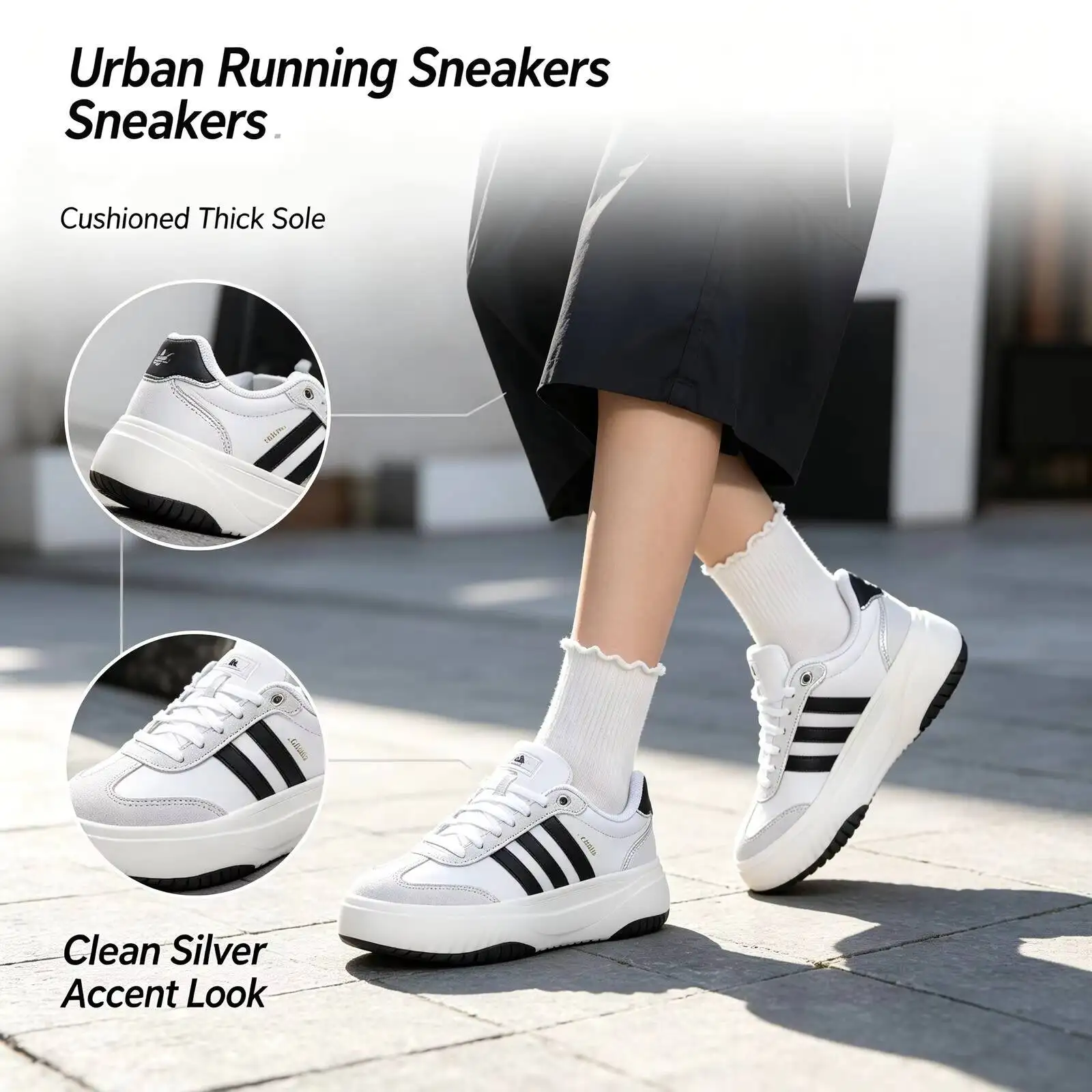 Adidas 2026 Ladies Black White Silver Running Shoes for Men Sleek Thick Sole Lightweight Breathable Urban Sport Sneakers KH6913