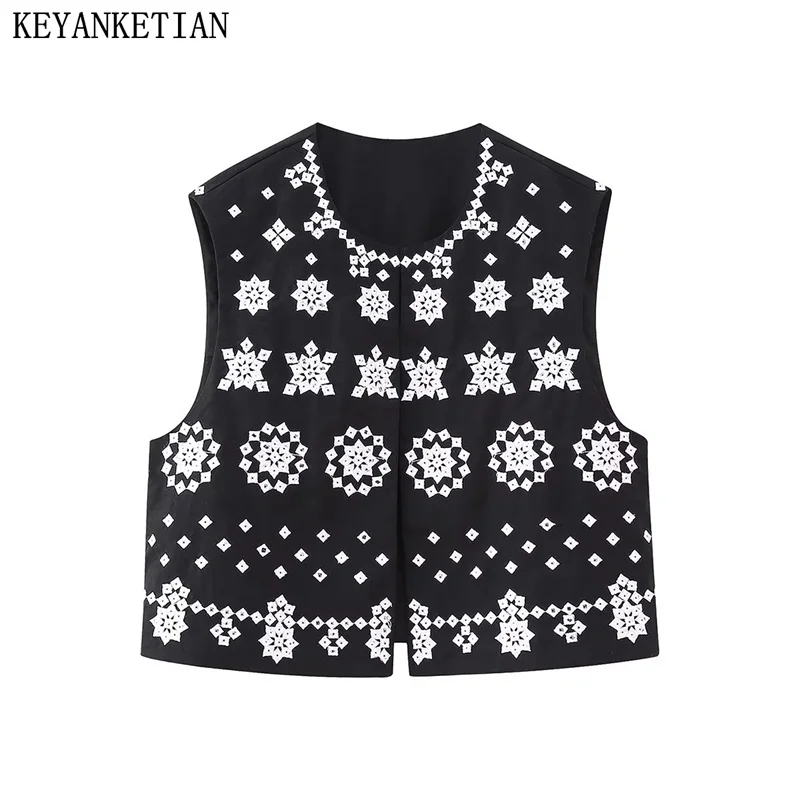 KEYANKETIAN National Style Embroidery Waistcoat Round Neck Without Buckle Thin Embroidered Sleeveless Blouse Women Holiday Wind