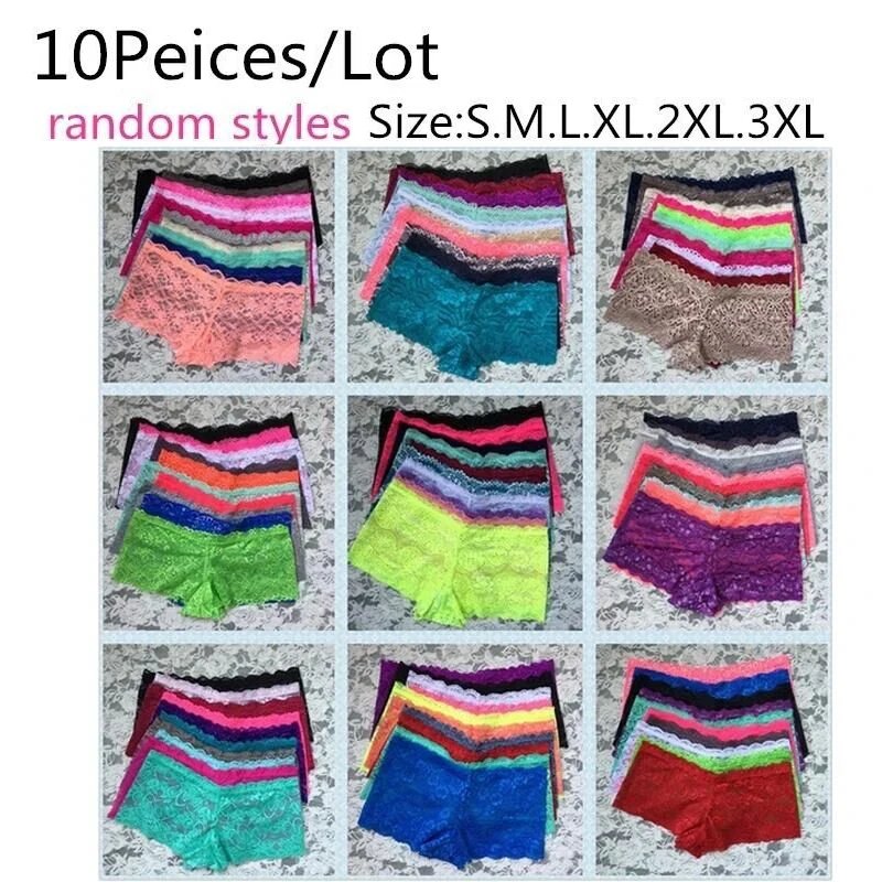 10 pcs Boyshort Women's Plus Size Assorted Colors Sexy Lace Panties  Breathable Underwear Briefs  Comfort Fit Lingerie