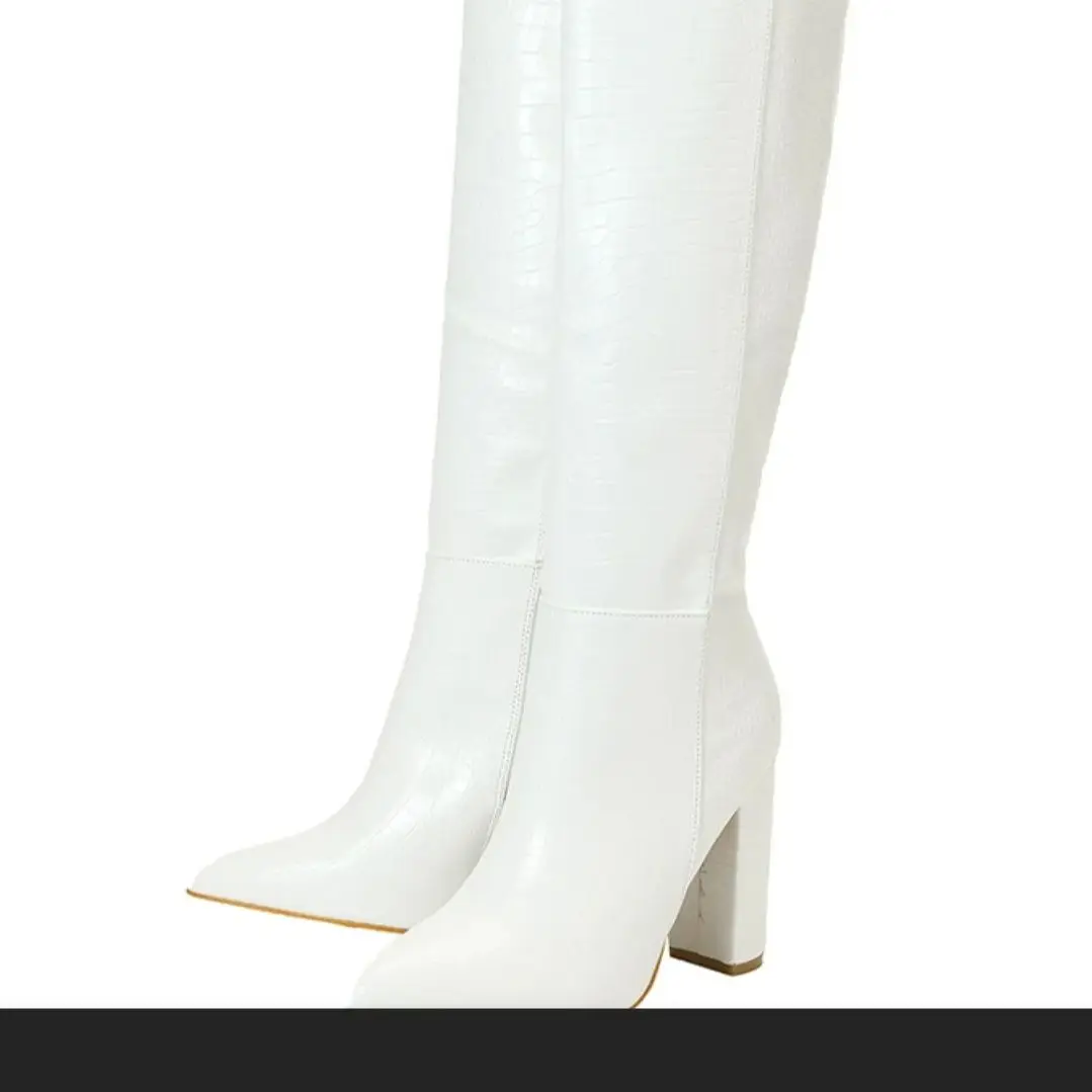 Bottes longues en cuir verni à talons épais et pointus pour femme, bottes longues au genou, motif classique, panneau latéral, rouge et blanc, nouvelle mode printemps automne