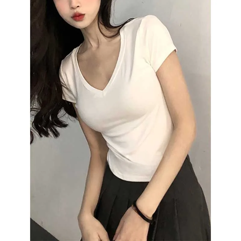 T-shirt v-ne ort Sve pour femmes, couleur Pure, coupe cintrée, Cleanfit h-sle, mi-année, Ciwalk Faion, tendance, été 2023