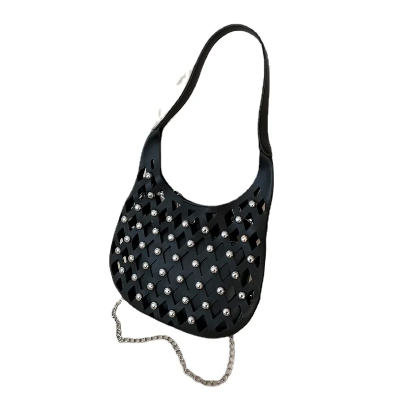 Fashion Hollow Out Solid PU Shoulder Bags Chains Rivet Hobos Hand Bags for Women 2024 Personality New Designer Style Bolso Mujer