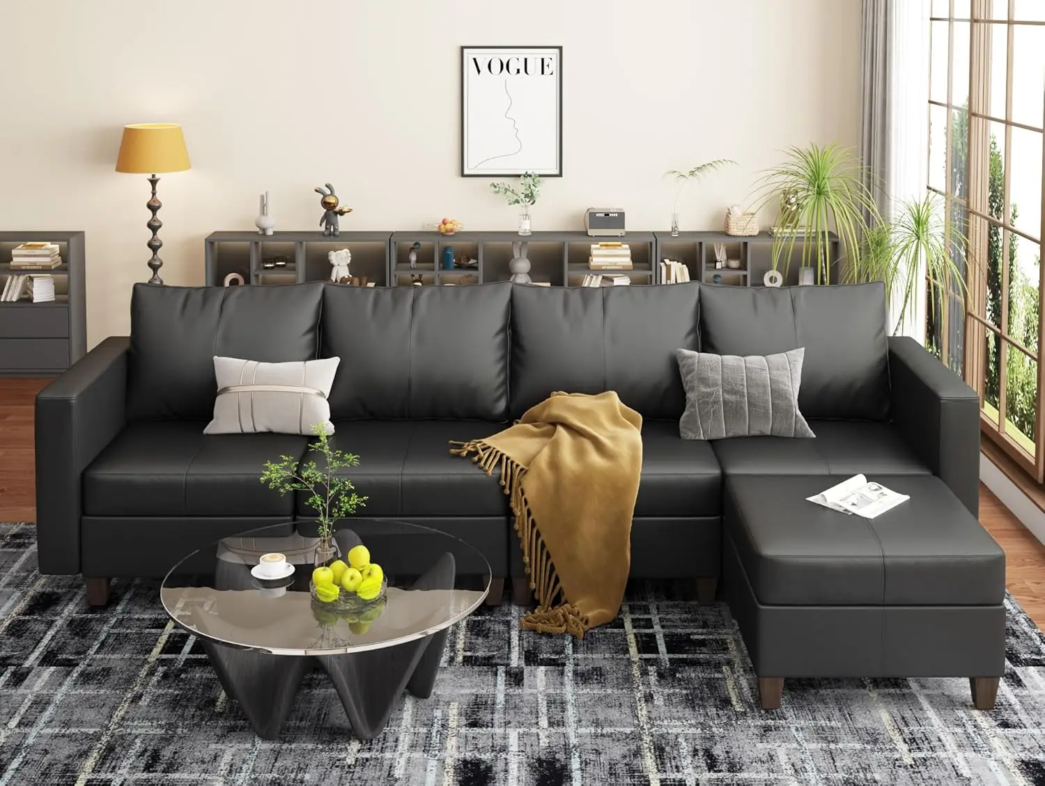 Modualr Sectional Couch L Shaped Sofa with Storage Ottomans, Modular Sectional Sofa Sectional Couches for Apartment, Black