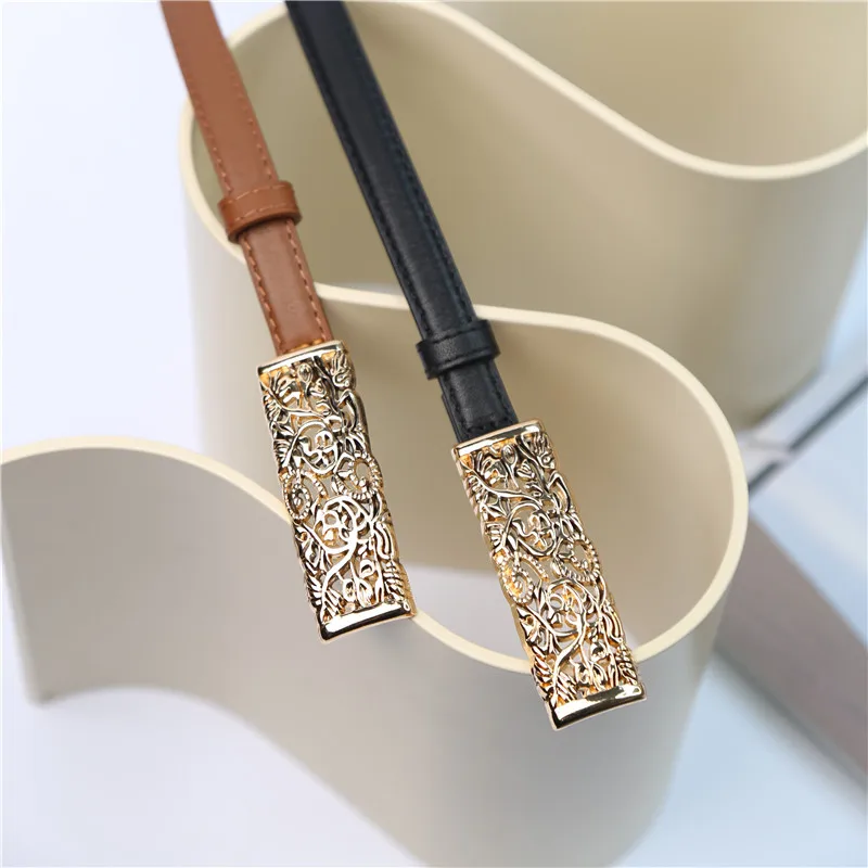 

Vintage hollow engraved gold buckle women's genuine leather thin belt cowhide 2024 decorative women's belt